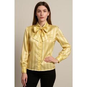 VTG 70s Sears JR Bazaar Gold Pussybow Blouse Sz 9 Shiny Satin Secretary